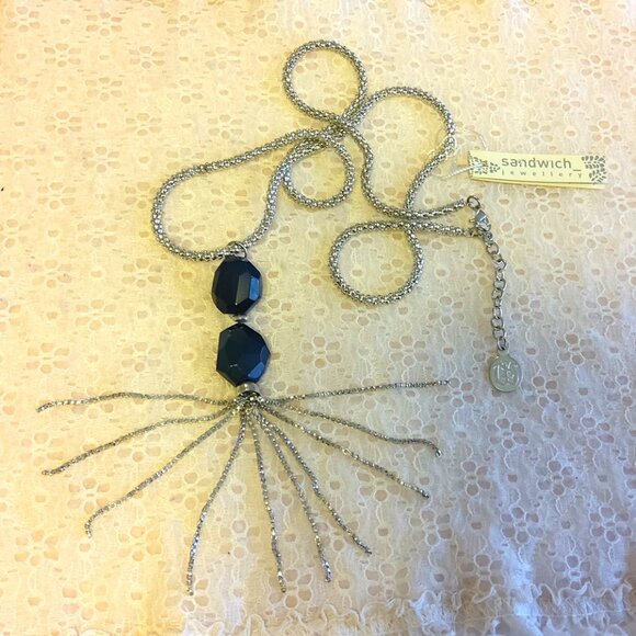 Vintage NEW sandwich jewellery Gray Beads Pendant VTG Silver Long Necklace - Picture 2 of 8